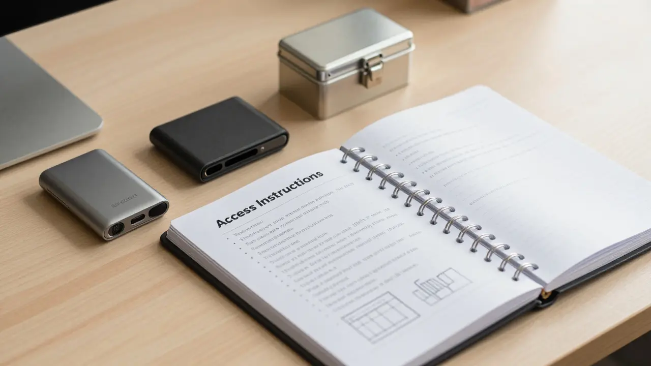 Carteira de hardware e manual organizado sobre mesa, representando instruções seguras para acesso de emergência.