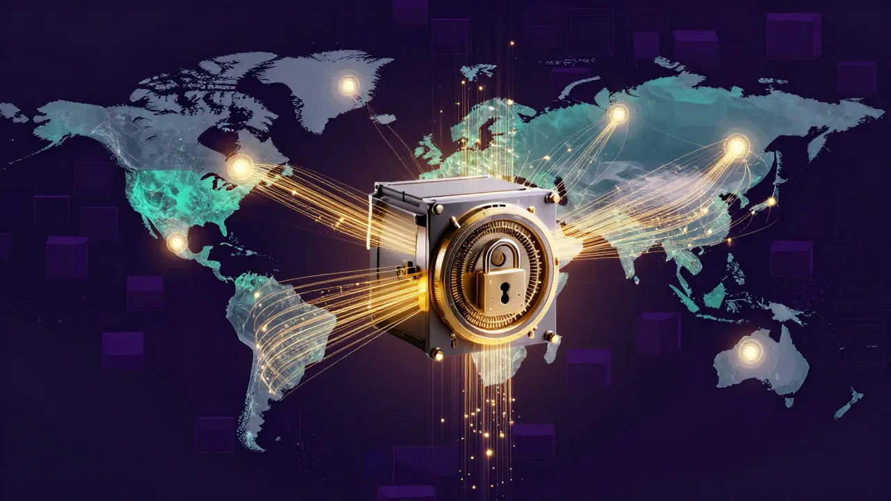Cofre digital conectado a rede descentralizada global, ilustrando armazenamento seguro e entrega condicional de dados.